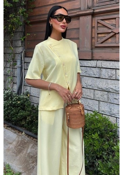 Hakim Yaka Çapraz Düğmeli Plazzo Pantolon Viscon Keten Takım 10209 fiyatları