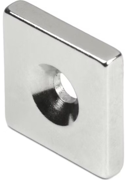 1 Adet, Köşeli, Neodyum Mıknatıs, 20X20X5 Mm, D:10/5 Mm, Havşa Delikli, Güçlü Magnet, N35 Kalite