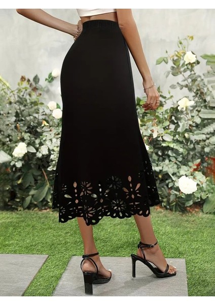 Munn Collection Kadın Yüksek Bel Lazer Kesim Detaylı Midi Ithal Krep Etek fırsatları