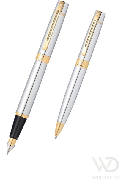 - WizDesign 300 Serisi Dolmakalem + Tükenmezkalem Parlak Krom Altın Set ( İsme Özel Seçeneği - Hediyelik )