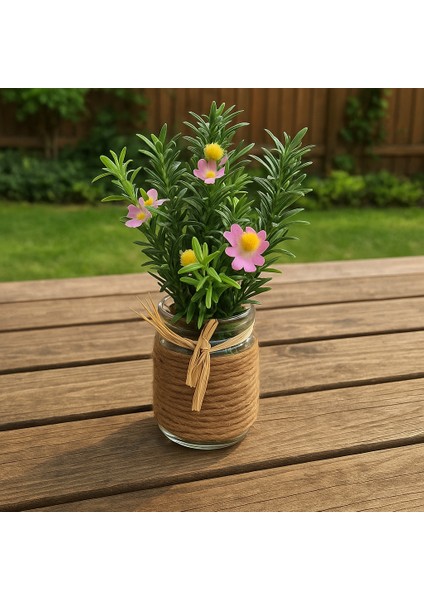 Rustik Cam Kavanozda Pembe Mini Yapay Çiçek Aranjmanı – 6X20 cm Dekoratif Saksı
