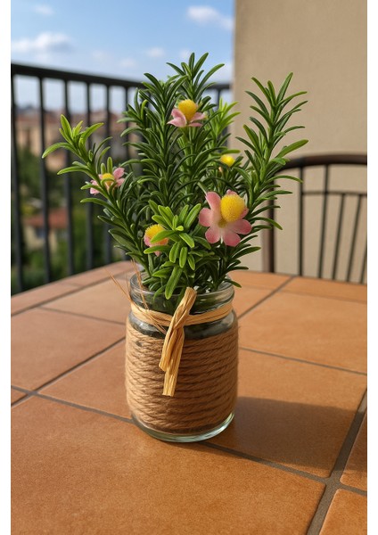 Rustik Cam Kavanozda Pembe Mini Yapay Çiçek Aranjmanı – 6X20 cm Dekoratif Saksı