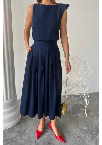 Munn Collection Keten Kolsuz Bluz - Maxi Etek Takım - Lacivert fiyatları