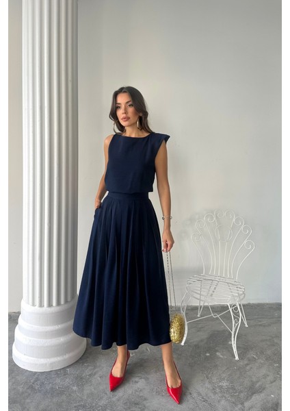 Munn Collection Keten Kolsuz Bluz - Maxi Etek Takım - Lacivert fırsatları