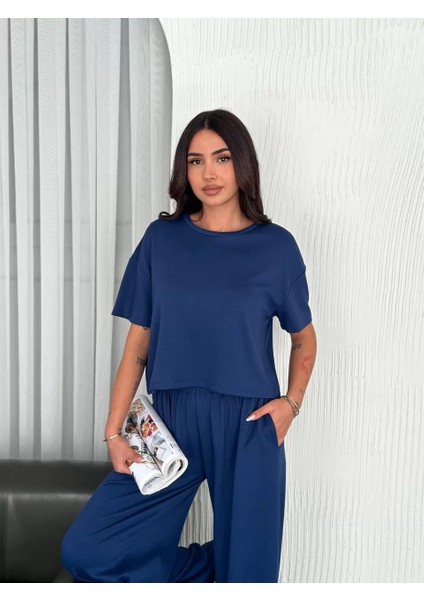 Osy Modal Yumuşak Dokulu Kumaş Bisiklet Yaka T-Shirt Bol Paça Pantalon Ikili Takım -Saks Mavi