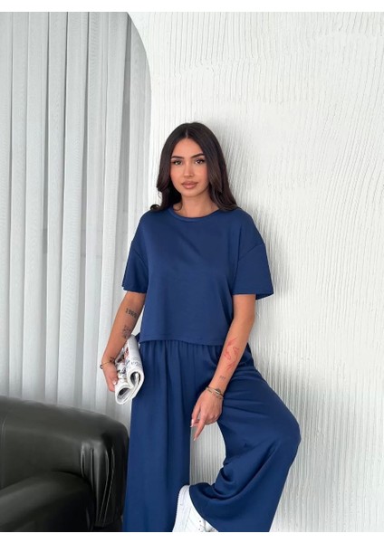 Osy Modal Yumuşak Dokulu Kumaş Bisiklet Yaka T-Shirt Bol Paça Pantalon Ikili Takım -Saks Mavi