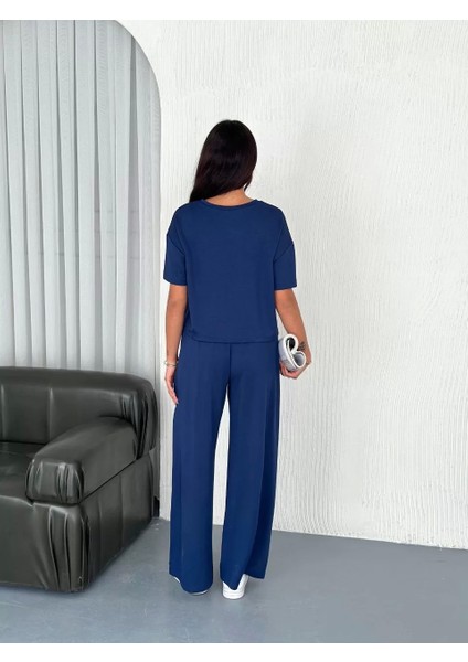 Osy Modal Yumuşak Dokulu Kumaş Bisiklet Yaka T-Shirt Bol Paça Pantalon Ikili Takım -Saks Mavi