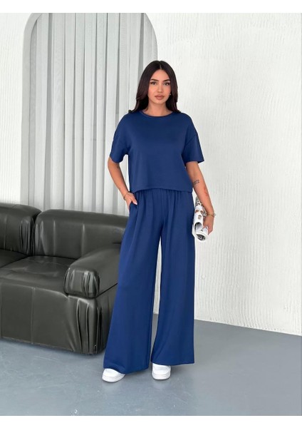 Osy Modal Yumuşak Dokulu Kumaş Bisiklet Yaka T-Shirt Bol Paça Pantalon Ikili Takım -Saks Mavi