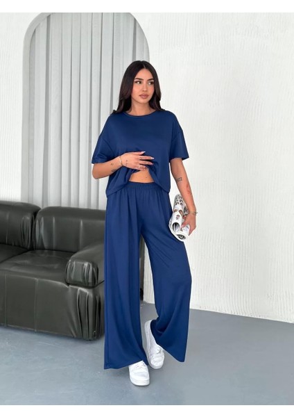 Osy Modal Yumuşak Dokulu Kumaş Bisiklet Yaka T-Shirt Bol Paça Pantalon Ikili Takım -Saks Mavi