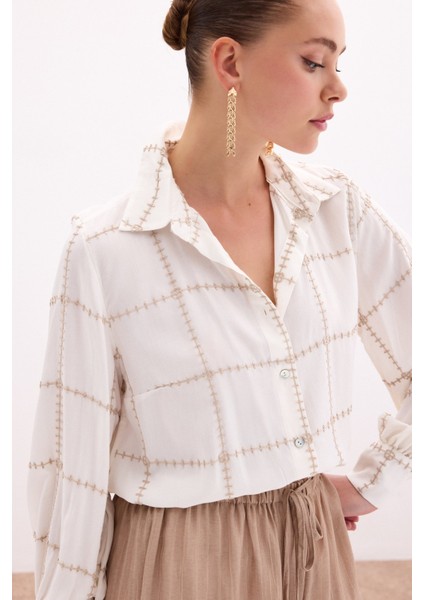 Nakış Detaylı Viskon Gömlek - Bej