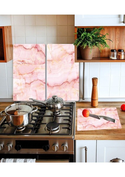 Takım Halinde Pembe Mermer 20X30 cm Kesme Tablası ve 2'li 30X52 cm Cam Ocak Koruyucu 4'lü Ocaklar