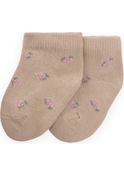 Çiçek Desenli Bebe Patik Çorabı 0-4 Yaş Bej