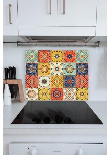 60X70 cm Turuncu Çini Desenli Cam Ocak Koruyucu