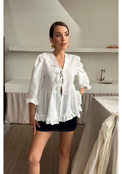 Munn Collection Keten Bluz Önden Bağlamalı Fırfır Detaylı - Beyaz