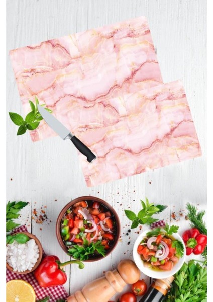2'li Takım 20X30 & 30X40 Pembe Mermer Desen Görünümlü Takım Cam Kesme Tahtası