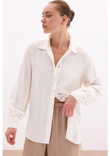 Nakış Detaylı Viskon Gömlek - Krem