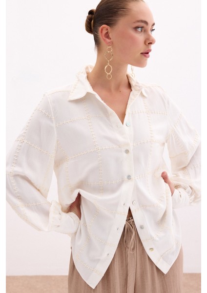 Nakış Detaylı Viskon Gömlek - Krem modelleri
