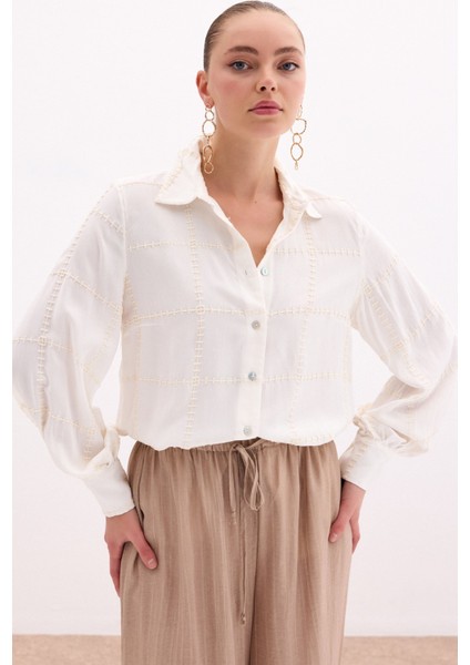 Nakış Detaylı Viskon Gömlek - Krem fırsatları