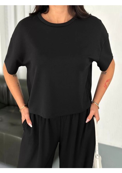 Osy Modal Yumuşak Dokulu Kumaş Bisiklet Yaka T-Shirt Bol Paça Pantalon Ikili Takım -Siyah