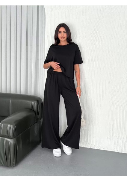Osy Modal Yumuşak Dokulu Kumaş Bisiklet Yaka T-Shirt Bol Paça Pantalon Ikili Takım -Siyah