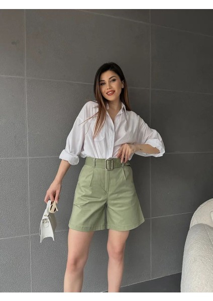 Kuş Gözü Kemerli Geniş Paçalı Mom Şort - Haki modelleri