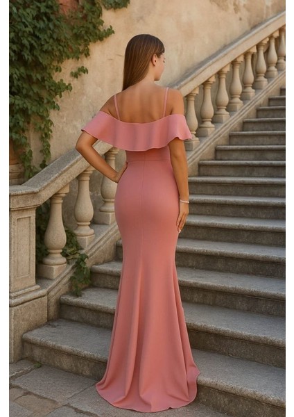 Kadın Dalgıç Krep Yırtmaç Detaylı Askılı Maxi Boy Elbise fiyatları