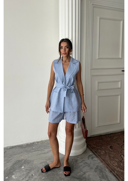 Munn Collection Keten Yelek - Şort Takım - Mavi