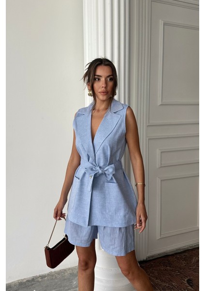 Munn Collection Keten Yelek - Şort Takım - Mavi fiyatları