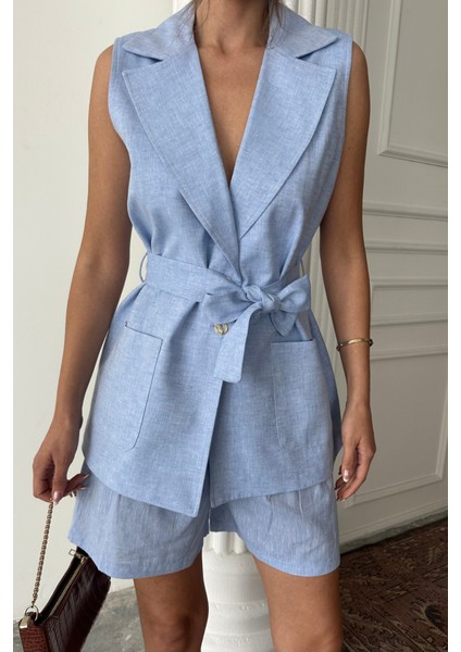 Munn Collection Keten Yelek - Şort Takım - Mavi modelleri