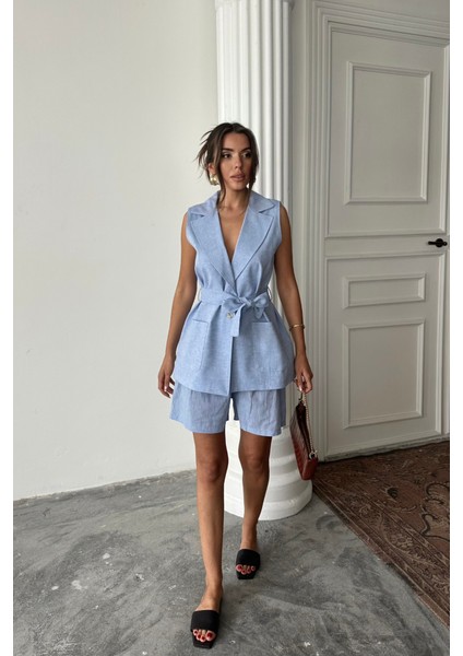 Munn Collection Keten Yelek - Şort Takım - Mavi fırsatları