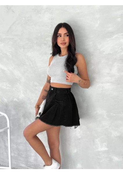 Şık Pileli Yazlık Mini Etekli Kot- Siyah