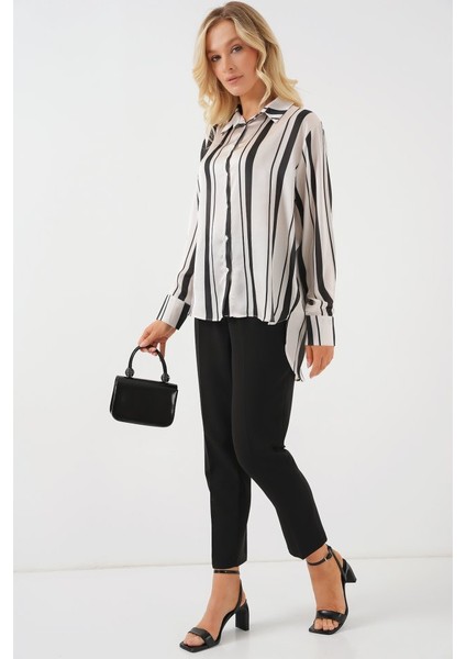 Çizgili Uzun Saten Gömlek 20291 - Siyah fiyatları