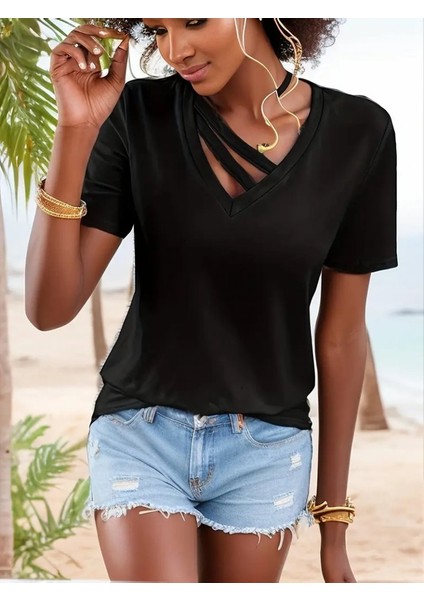 Munn Collection Kadın Kısa Kollu V Yaka Şerit Detay Viskon Bluz