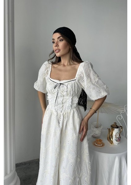 Munn Collection Ekru Dantel Detaylı Brode Elbise fiyatları