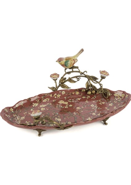 Gül Kurusu Kuşlu Oval Ayaklı Tabak 40X26X15CM