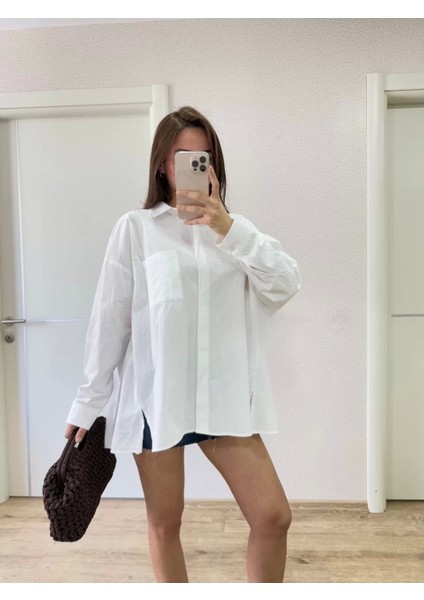 Poplin Kadın Yakalı Yandan Yırtmaçlı Arka Pens Detaylı Gömlek - Beyaz