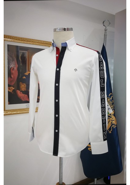 Garnili Slimfit Pamuklu Kolları Şeritli Yaka Düğmeli Gömlek