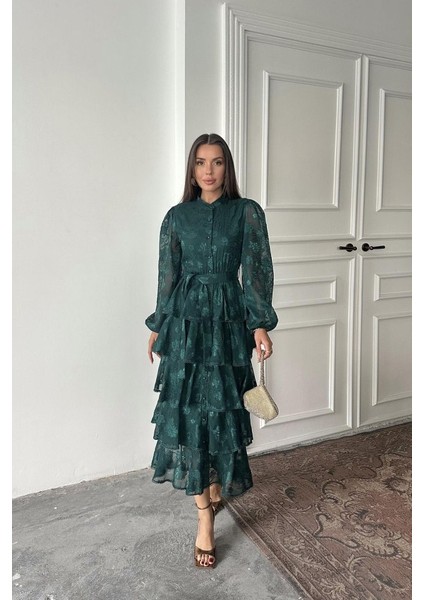 Munn Collection Zümrüt Valonlu Şeritli Kat Kat Elbise