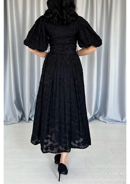 Munn Collection Siyah Kemerli Balon Kollu Elbise fırsatları