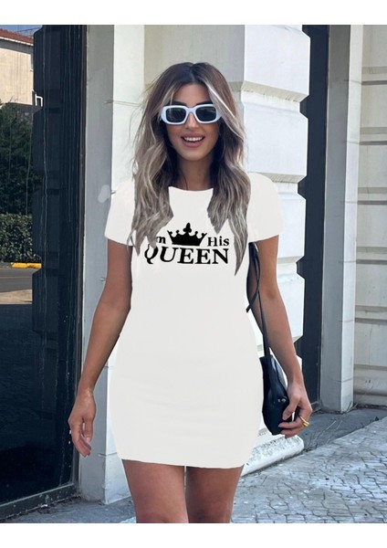 Kadın Kısa Kollu Queen Baskı Iki Iplik Mini Elbise
