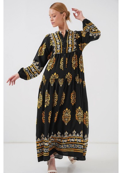 2423 Otantik Desenli Tesettür Elbise - Siyah 6