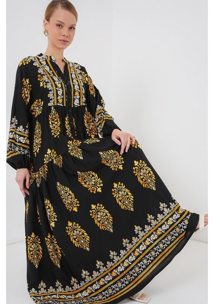 2423 Otantik Desenli Tesettür Elbise - Siyah 6 fiyatları