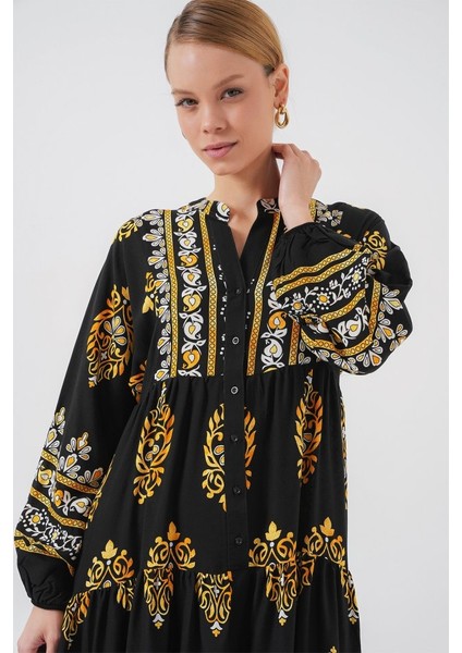 2423 Otantik Desenli Tesettür Elbise - Siyah 6 modelleri