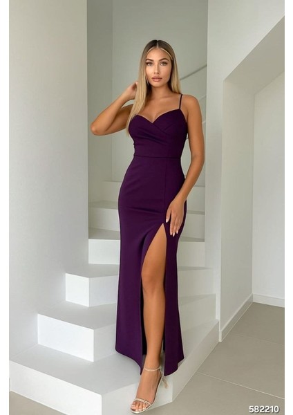 Munn Collection Kadın Dalgıç Kumaş V Yaka Yırtmaç Detaylı Maxi Boy Elbise