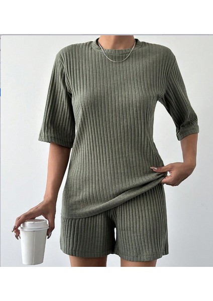 Munn Collection Kadın Kısa Kollu Bisiklet Yaka Kaşkorse Bluz Şort Ikili Takım