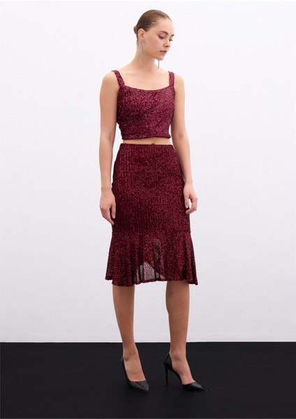 Volanlı Pul Payetli Etek - Bordo