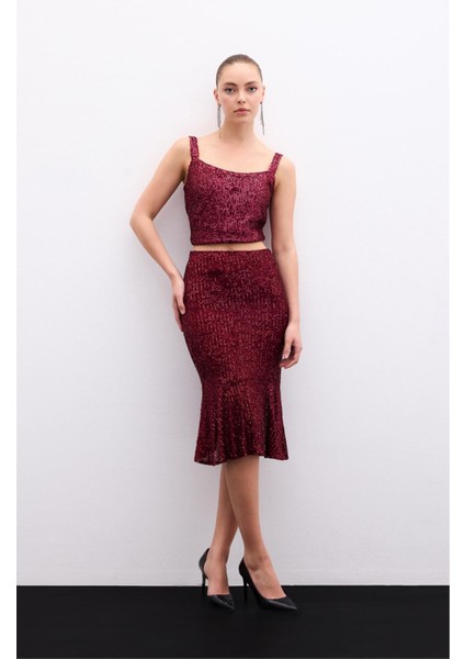 Volanlı Pul Payetli Etek - Bordo fiyatları