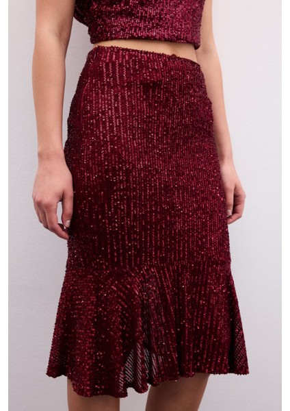 Volanlı Pul Payetli Etek - Bordo modelleri