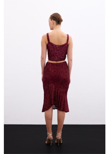 Volanlı Pul Payetli Etek - Bordo fırsatları