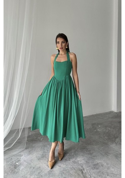 Munn Collection Yeşil Boyundan Bağlamalı Keten Elbise